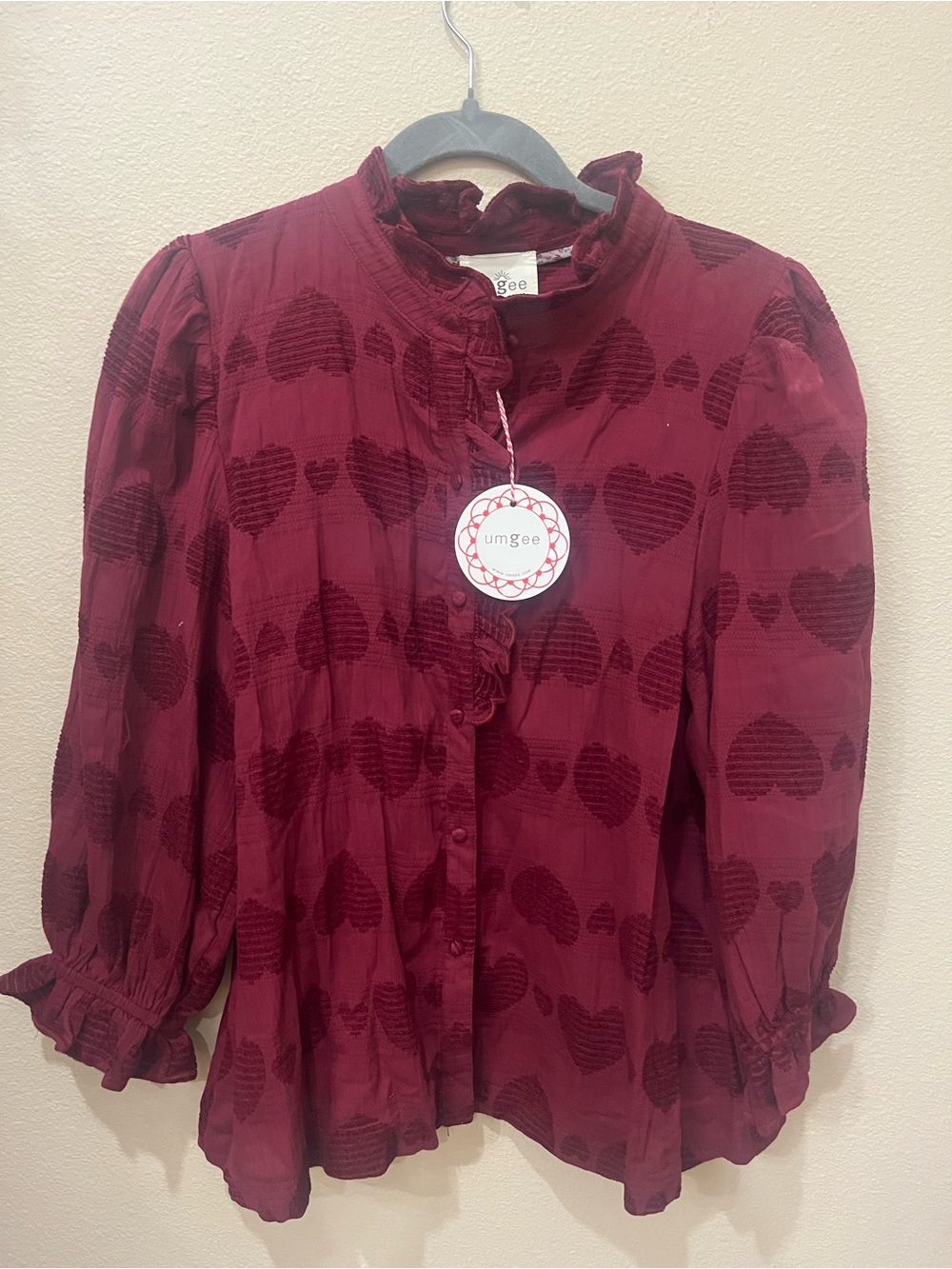 Umgee Burgundy Ruffled Heart-Pattern Button Front Blouse